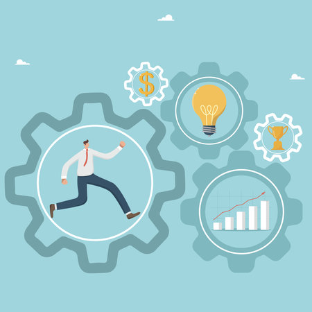 Ways to achieve goals, work hard for the reward or praise of the management, complete the task or mission and win the cup or receive the prize, a man runs in gear, starting the whole mechanism.のイラスト素材