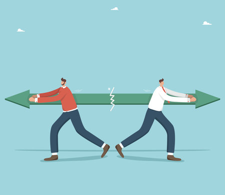 Different vision of business development, team conflicts and disagreements in the process of work, methods and ways to achieve goals, businessmen pull the arrow in different directions and break it.のイラスト素材