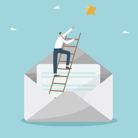 User experience, reviews of high quality or good business reputation, positive customer feedback for product or satisfaction rating, email management, man on the ladder in an envelope points to a starのイラスト素材