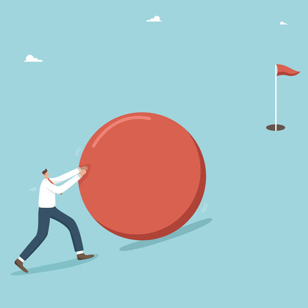 Hard work to achieve a high result, achieve a goal, find a strategy or method to complete a complex and important task, progress and business development, a man rolls a golf ball into the hole.のイラスト素材