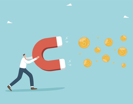 Ways or methods to increase income, hard work for enrichment, investment or innovation profit, receiving dividends from deposits or shares of companies, businessman with a magnet attracts dollar coinsのイラスト素材