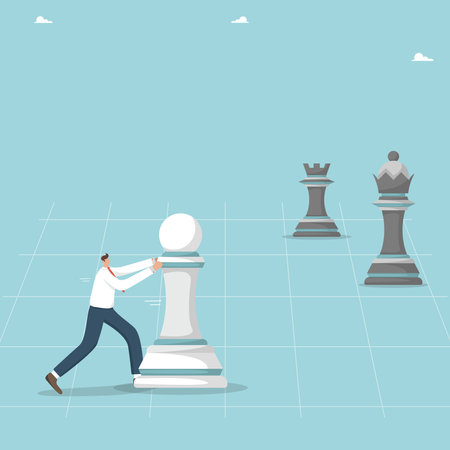 Look for new opportunities and achieve your goals, victory at any cost, beat a competitor with hard work, the right strategy or plan to win in business, a person pushes a pawn across a chess field.のイラスト素材