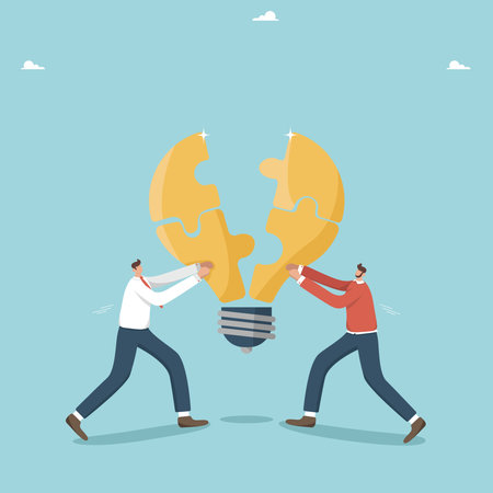 Collaboration and partnership in achieving common goals, teamwork to create innovative ideas for business, brainstorming to create development strategy, two men put together light bulb halves puzzles.のイラスト素材
