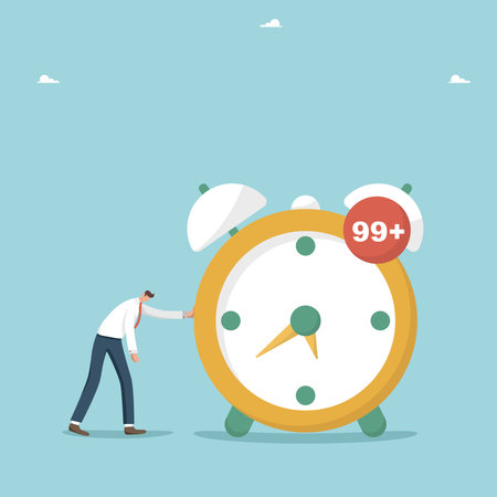 Running out of time, deadline, stressful workload, large number of unfulfilled important tasks, overworked and burnout, time management, tired man standing near alarm clock with many notifications.のイラスト素材