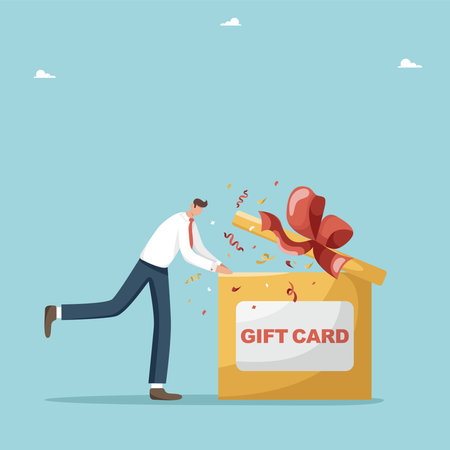 Gift card and promotion strategy, discount coupon and gift voucher concept, loyalty programs and bonuses. Happy customer, using a gift card from the store, takes the gift and looks into the gift box.のイラスト素材