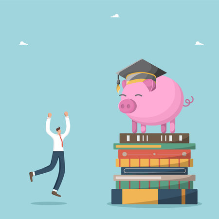 Financial education, budget planning for college or university, investing in training and knowledge, personal finance management and financial literacy, happy man near stack of books and piggy bank.のイラスト素材
