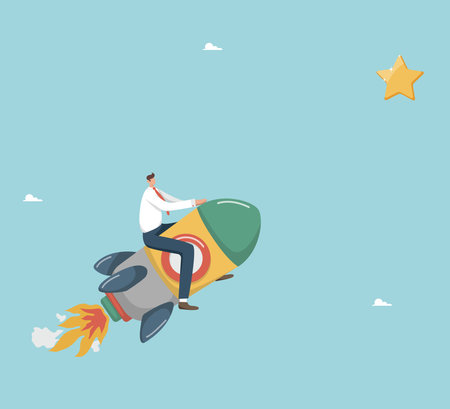 Innovation and new opportunities to achieve great success, rapid career growth, leadership to take business to a new level, victory in solving business problems, businessman flies on a rocket to star.のイラスト素材