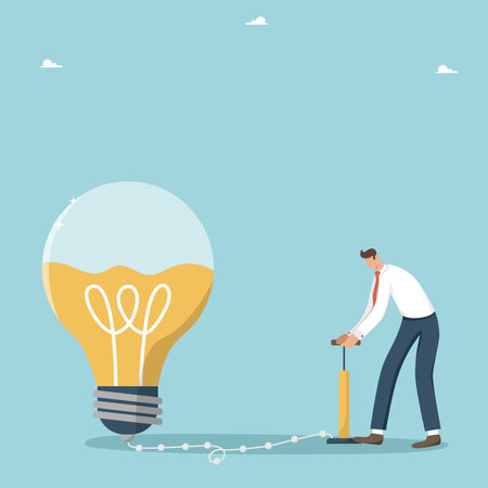 Creative approach and intelligence to create new business ideas, creative thought process and thinking to solve work problems, intelligence and wisdom to achieve goals, man fills light bulb with pump.のイラスト素材