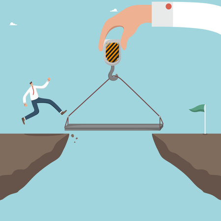 Assistance and support in solving difficult situations and work tasks, searching for new opportunity, teamwork to develop business and achieve goals, big hand like a crane helps man to overcome cliff.のイラスト素材