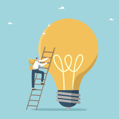 Brilliant idea for an award, creative methods to solve business problems, creativity to find successful strategies, implementation of innovative ideas, man with cup climbs a stairs to the light bulb.のイラスト素材
