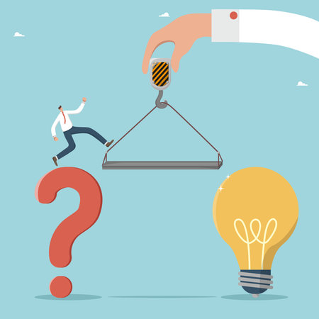 Creativity and intelligence to solve business problems, new ideas or innovations to achieve success, brainstorming and logical thinking, big hand like a crane helps a man move from problem to solutionのイラスト素材