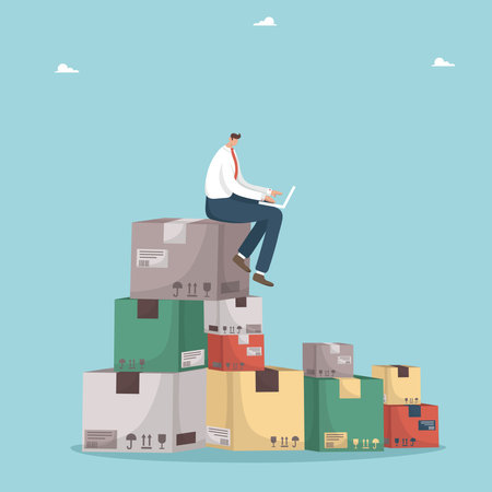 Online product orders on the internet, e-commerce or online shopping, parcel delivery by post, small business or entrepreneurship concept, man with a laptop sits on a pile of boxes.のイラスト素材