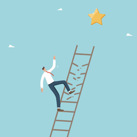 Business failure, competitive defeat and loss of reward, unexpected force majeure, choosing a losing strategy, wrong way of development, unjustified risk, man falls from stairs leading to the star.のイラスト素材