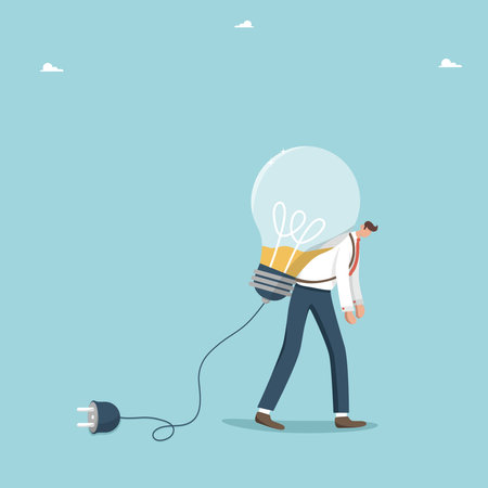 Brilliant ideas for solving business problems are running out, lack of creativity to get out of a difficult situation, searching for ways to achieve goals, exhausted man carries discharged light bulb.のイラスト素材