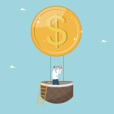 Vision of the future development of business, financial and economic growth, the search for strategies and new opportunities for income and salary growth, man looks through binoculars in coin balloon.のイラスト素材