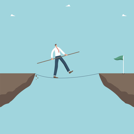 Move on the right business strategy, search for new opportunities, direction to achieve goals and solve problems, plan for further business development, a man walks a tightrope over a cliff.のイラスト素材