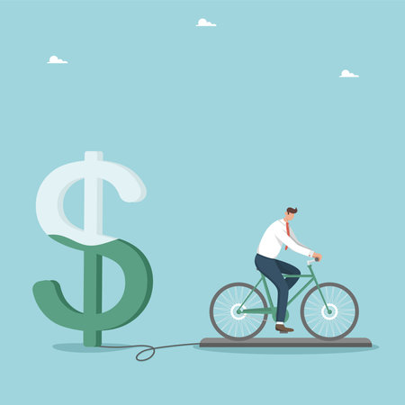 Hard work for income and salary growth, increase in investment portfolio and savings, ways and methods to increase business profitability, profitable investment, man on exercise bike charges a dollar.のイラスト素材