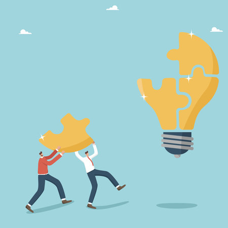 Creative thinking and brainstorming to achieve goals, teamwork in achieving goals, thought process and search for ideas for results and success in business, men carry missing puzzle to the light bulb.のイラスト素材