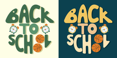 Handwritten inscription back to school in the shape of a circle. Colorful cartoon vector design. illustration for any purpose. Positive motivational or inspirational quote. Groovy vintage lettering.のイラスト素材