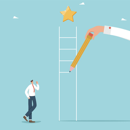 Help and mentoring to achieve heights in work and business, thought process and brainstorming for success, strategy for overcoming difficulties, man watches as hand with pencil draws staircase to starのイラスト素材