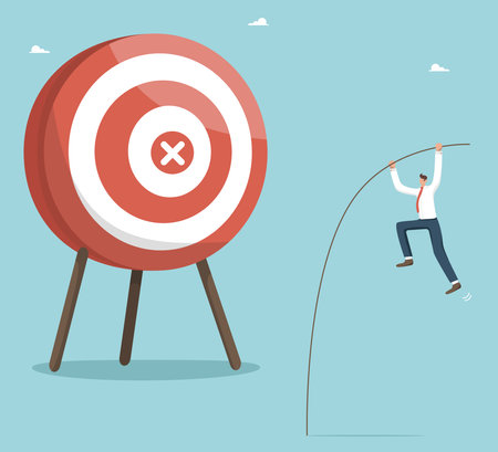 Achieving business goals through hard work, motivation and determination for great success, creative strategies for high performance in work and career growth, a man with a pole jumps on a target.のイラスト素材