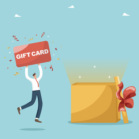 Sending gift coupons and promotional codes to potential buyers, targeting and promotion strategy, notifying customers about promotions and discounts on products, a happy customer receives a gift card.のイラスト素材