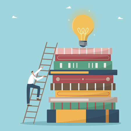 Develop intelligence and logic through reading books, new knowledge and wisdom to innovate and creative ideas, learning and education for success, man climbs ladder on stack of books with light bulb.のイラスト素材