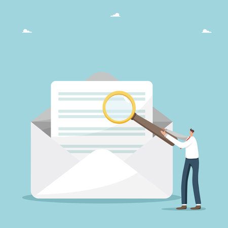 Email communication, newsletter and advertising about a product or service, discounts and promo codes for subscription or targeting, information concept, man with a magnifier near envelope with letterのイラスト素材