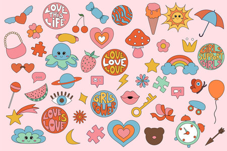 Cartoon set of vector elements in puppet style. Stickers and badges in hippie style with groove love lettering, stars, key, bag, candy, sun, cloud, jellyfish, watermelon, butterfly, flowers, hearts.のイラスト素材