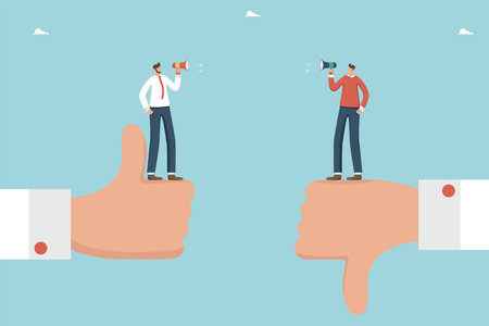 Contradictions in decision making, pros and cons of strategy to achieve target, disagreements in the process of work, positive and negative feedback, men arguing on big hands showing like and dislike.のイラスト素材