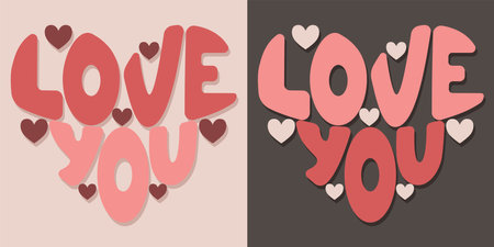 Handwritten inscription love you in the form of a heart. Colorful cartoon vector design. illustration for any purpose. Positive motivational or inspirational quote. Groovy vintage cool lettering.のイラスト素材