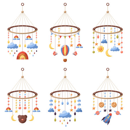 Set of vector illustration of baby mobile, carousel pendant. Rotating hanging accessory for baby cat. Hanging toy with stars, clouds, crescent, rainbow, drops, sun, bear, rocket, planets, butterflies.のイラスト素材
