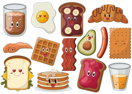 Trendy sticker set with funky food characters for breakfast. Croissant, French toast with jam and nut chocolate spread and banana, coffee, pancakes, waffle, bacon, egg, juice, sausage, avocado, salmonのイラスト素材