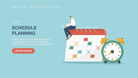 Vector illustration for website, web page with man sitting on calendar. Time management, business planning, organizing and adherence to calendar schedule and work plan, notification and reminder.のイラスト素材