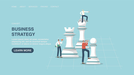 Vector illustration for poster, website or web page with working team on chess. Teamwork to reach heights and success in work, cooperation and partnership for common goals, strategy to win in businessのイラスト素材