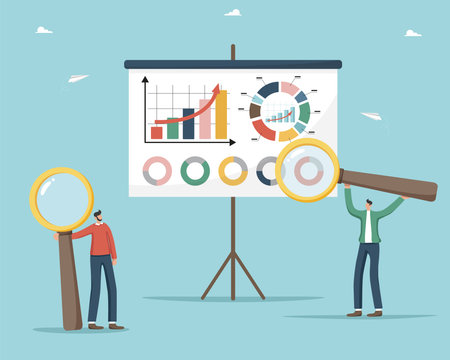 Assessing the cost of a project or estimate, calculating a budget, accounting for an investment portfolio and savings, analyzing income and expenses, men with magnifying glasses near board with graphsのイラスト素材