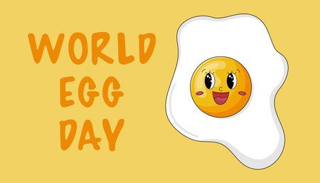 World Egg Day. Vector illustration. Cute cartoon egg character. Holiday banner, poster or web page.のイラスト素材