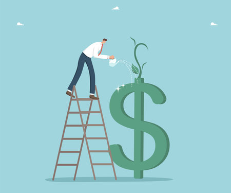 Financial and economic improvement, increase in the value of foreign currency, growth in income and wages, increase in profit from investment and innovation, man watering the sprout on the dollar iconのイラスト素材