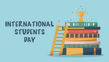 International Students Day. November 17. Holiday concept. Template for background, banner, card, poster with text inscription. Victory cup on stacks of books, next to a ladder with pencilsのイラスト素材