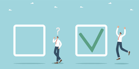 Making right or wrong business decisions, choosing an alternative or choosing yes or no, rational thinking to have confidence in a strategy, agony of choice, casting a vote, men near the tick icons.のイラスト素材