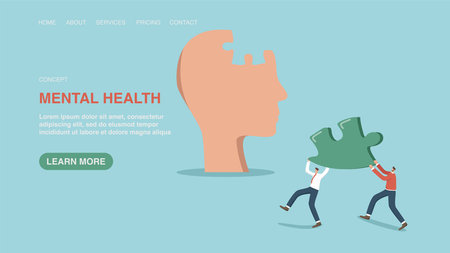 Web banner, infographic, web page with men carry the missing puzzle to a big head. Mental health, ways and creative approach to solving complex problems, brainstorming to achieve high results in work.のイラスト素材