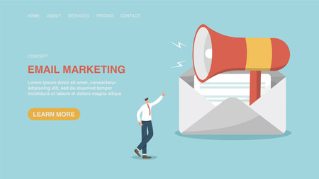 Vector illustration for poster, website or web page, banner with man pointing at large loudspeaker in envelope. Email marketing and newsletter, discounts and promo codes for subscription or targetingのイラスト素材