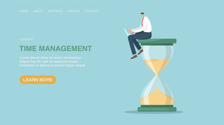 Vector illustration for poster, website or web page, banner with man with laptop sits on hourglass. Time management, business and work schedule planning, multitasking, limited deadlines for project.のイラスト素材