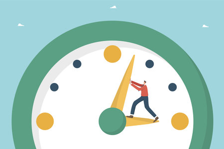 Managing working time and planning working day, adhering to the calendar schedule and meeting project deadlines, time management, employee productivity per unit of working time, man stops clock hand.のイラスト素材