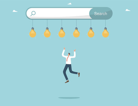New opportunities, openness to new knowledge or science, searching for necessary information, search engine optimization, searching for ideas on Internet, man jumping for light bulbs from search bar.のイラスト素材