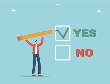 Making business decisions, choosing alternative yes or no, rational thinking to have confidence in strategy or plan of action, pros and cons, moral choice, voting, man making yes or no choice.のイラスト素材