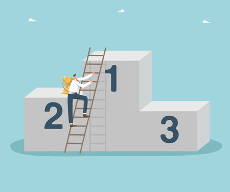 Strategy or planning way to beat competitor and get reward, creativity and hard work to achieve high results, successfully achieve goals and prosper business, man with trophy climbs stairs to pedestalのイラスト素材