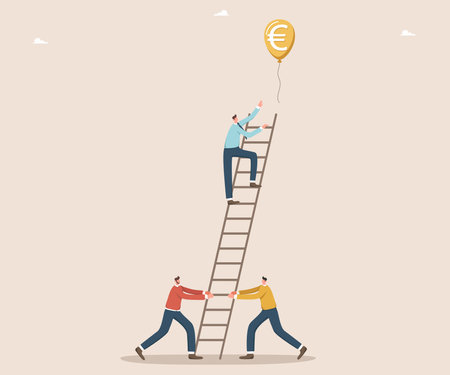 Teamwork for income and salary growth, cooperation for financial and economic stability, increasing investments or savings, increasing currency value, man on the ladder trying to catch euror balloon.のイラスト素材