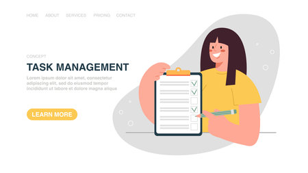 Vector illustration for website, web page with a woman marks with a pencil on a tablet. Time management and business scheduling, successful completion of tasks or assignments, follow work schedule.のイラスト素材