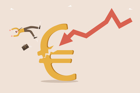 Loss of money, profits from investments and deposits, decline in business value, financial or economic collapse, defeat or failure in the foreign exchange market, a man falls from a broken euro.のイラスト素材